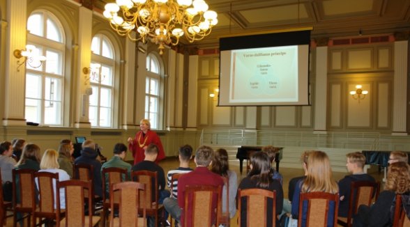 Judge Veronika Krumina gives a lesson in law at her first school 