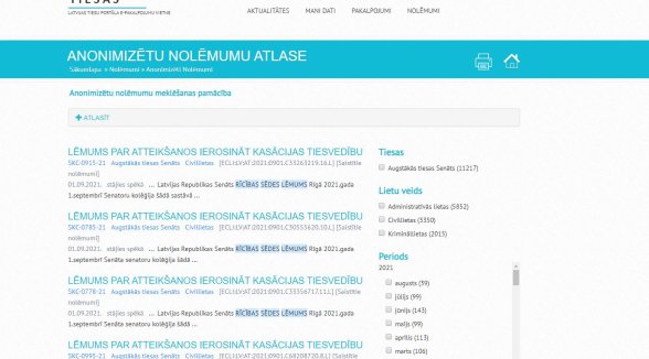 Tiesu portālā pieejami arī Senāta rīcības sēžu lēmumi par atteikšanos ierosināt kasācijas tiesvedību