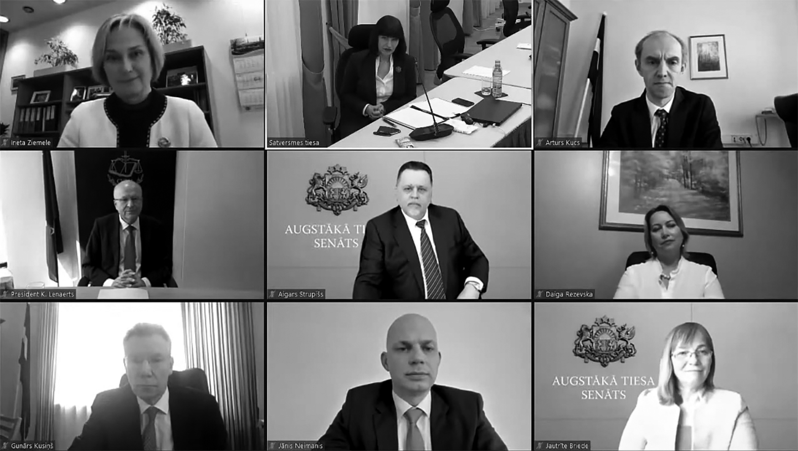 Daļa no vebināra dalībniekiem: Eiropas Savienības Tiesas priekšsēdētājs Kūns Lēnarts (Koen Lenaerts) un tiesnese Ineta Ziemele, Satversmes tiesas priekšsēdētāja Sanita Osipova un tiesneši Artūrs Kučs, Daiga Rezevska, Gunārs Kusiņš un Jānis Neimanis, Augstākās tiesas priekšsēdētājs Aigars Strupišs un senatore Jautrīte Briede